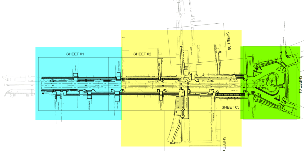 An engineering drawing of downtown Keene using three colors to show the three phases of the infrastructure improvement project