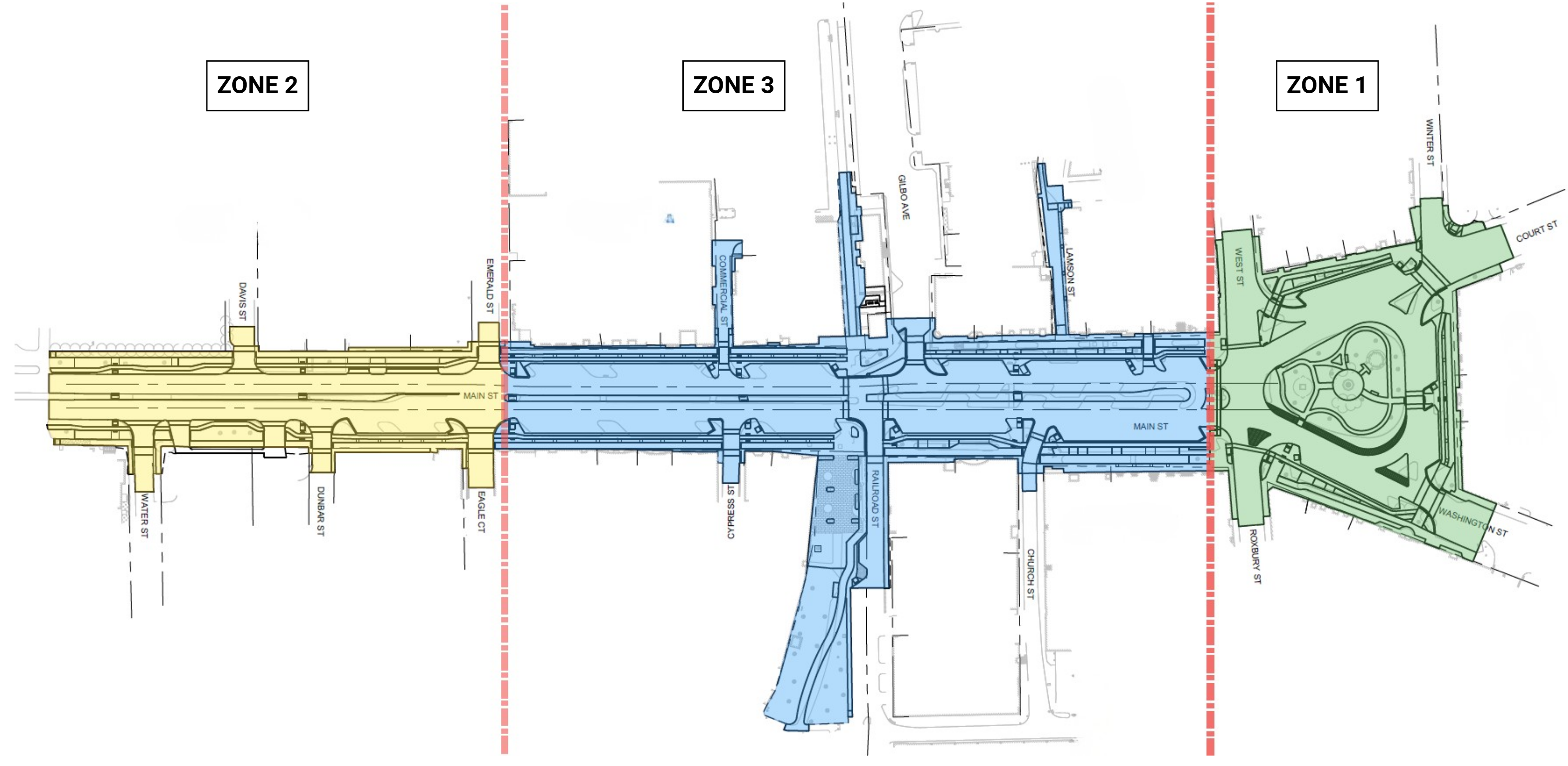 An engineering drawing of downtown Keene using three colors to show the three phases of the infrastructure improvement project