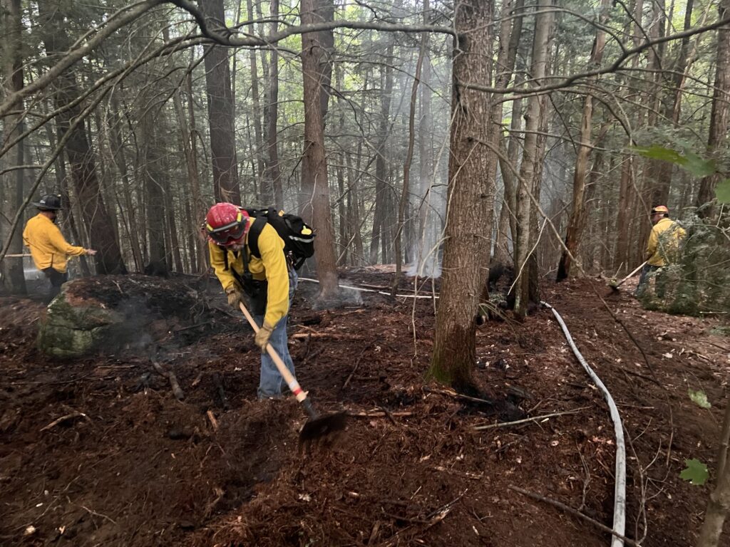 fire fighters digging and turning soil to assist in extinguishing a brush fire