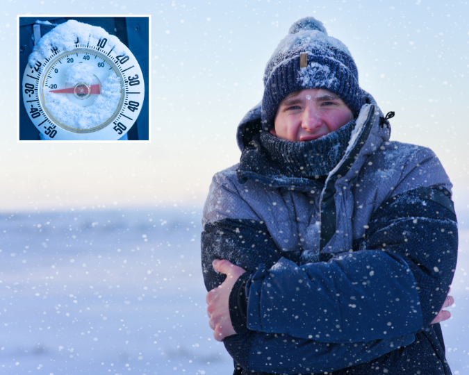 person shivering outside in extreme cold with frozen thermometer