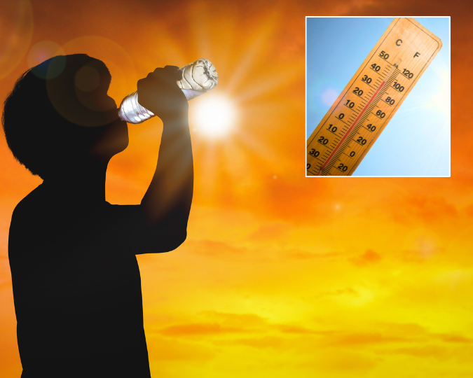 person drinking water with very hot sun and thermometer