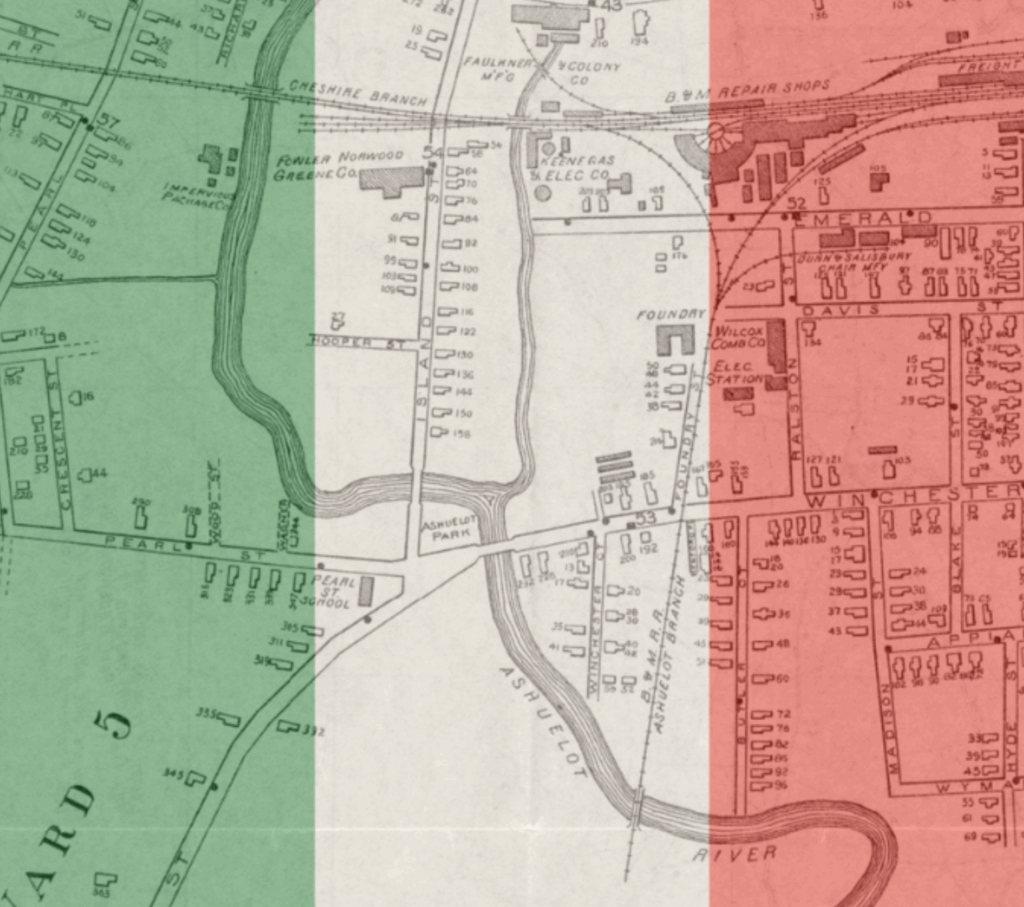 Old map of Keene with Italian flag overlay