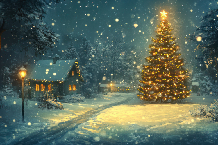 artistic impression of holiday lights on a large tree and cozy house