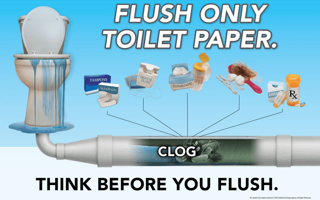 flush only toilet paper think before you flush items could cause sewer backup